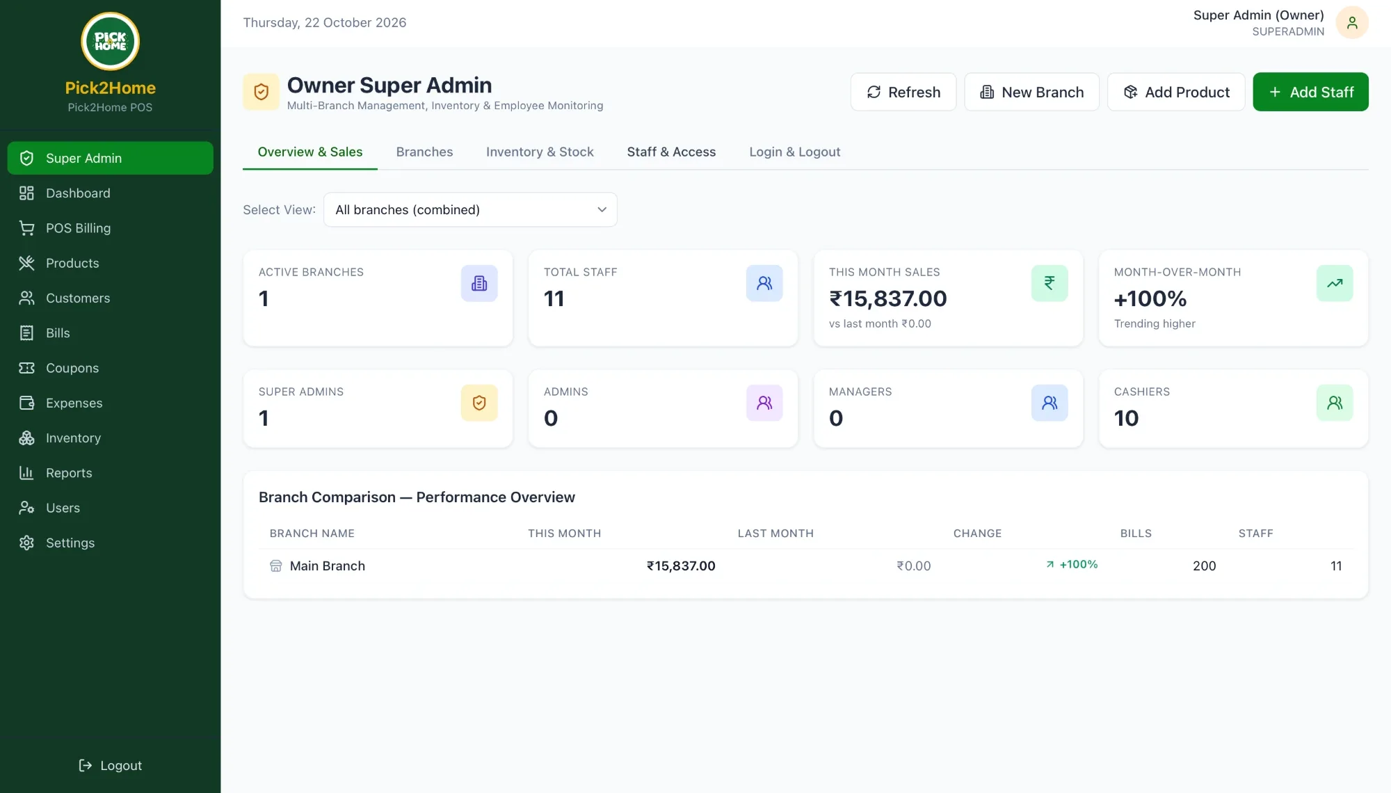 Pick2Home POS — Complete POS with multi-branch and employee management
